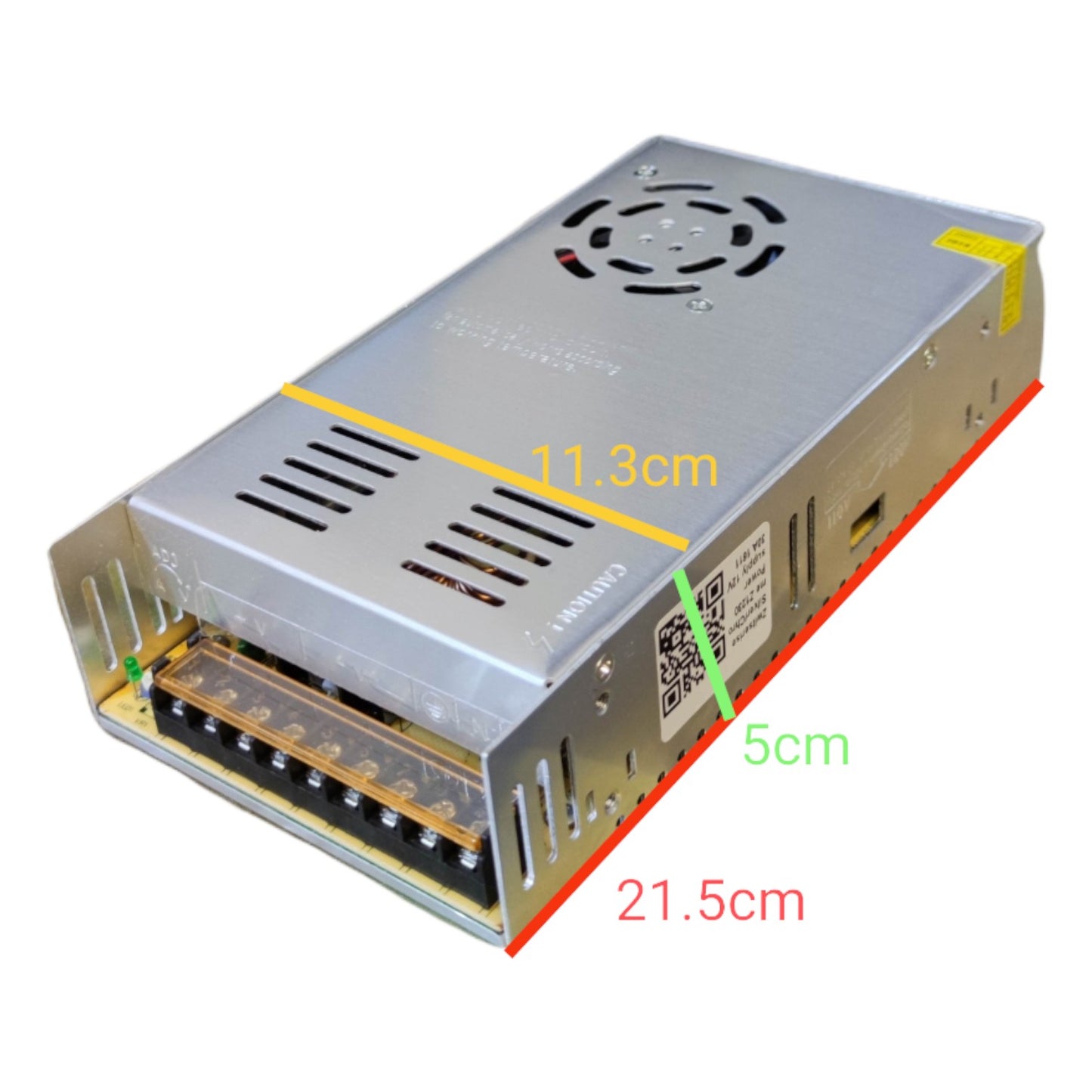 Power supply unit with dimensions labeled on a white background