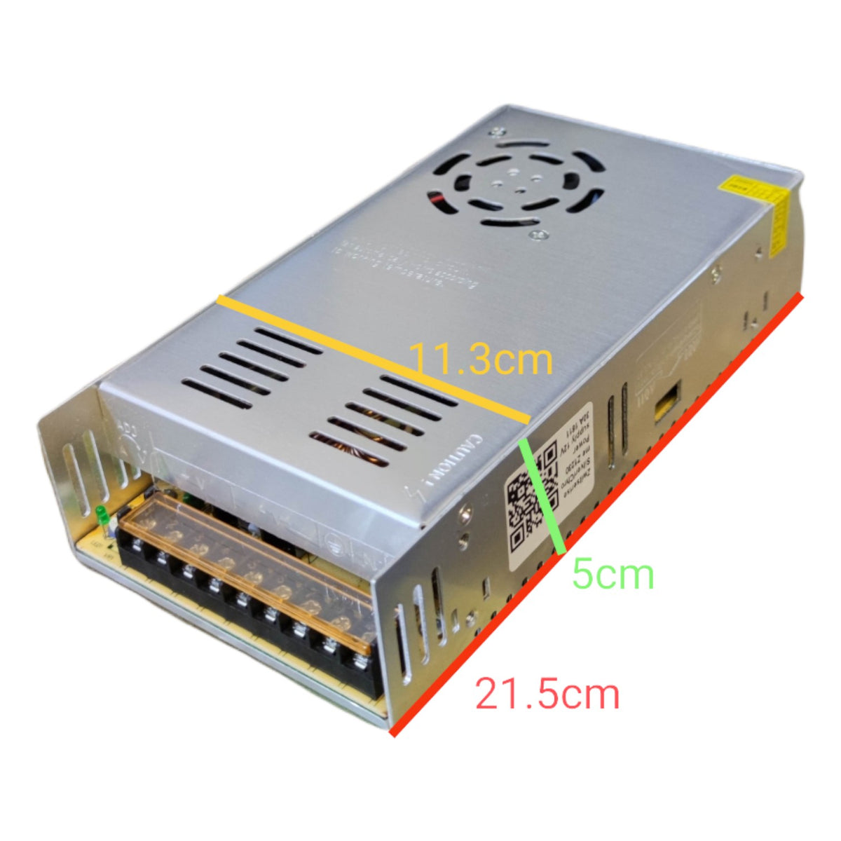 Power supply unit with dimensions labeled on a white background