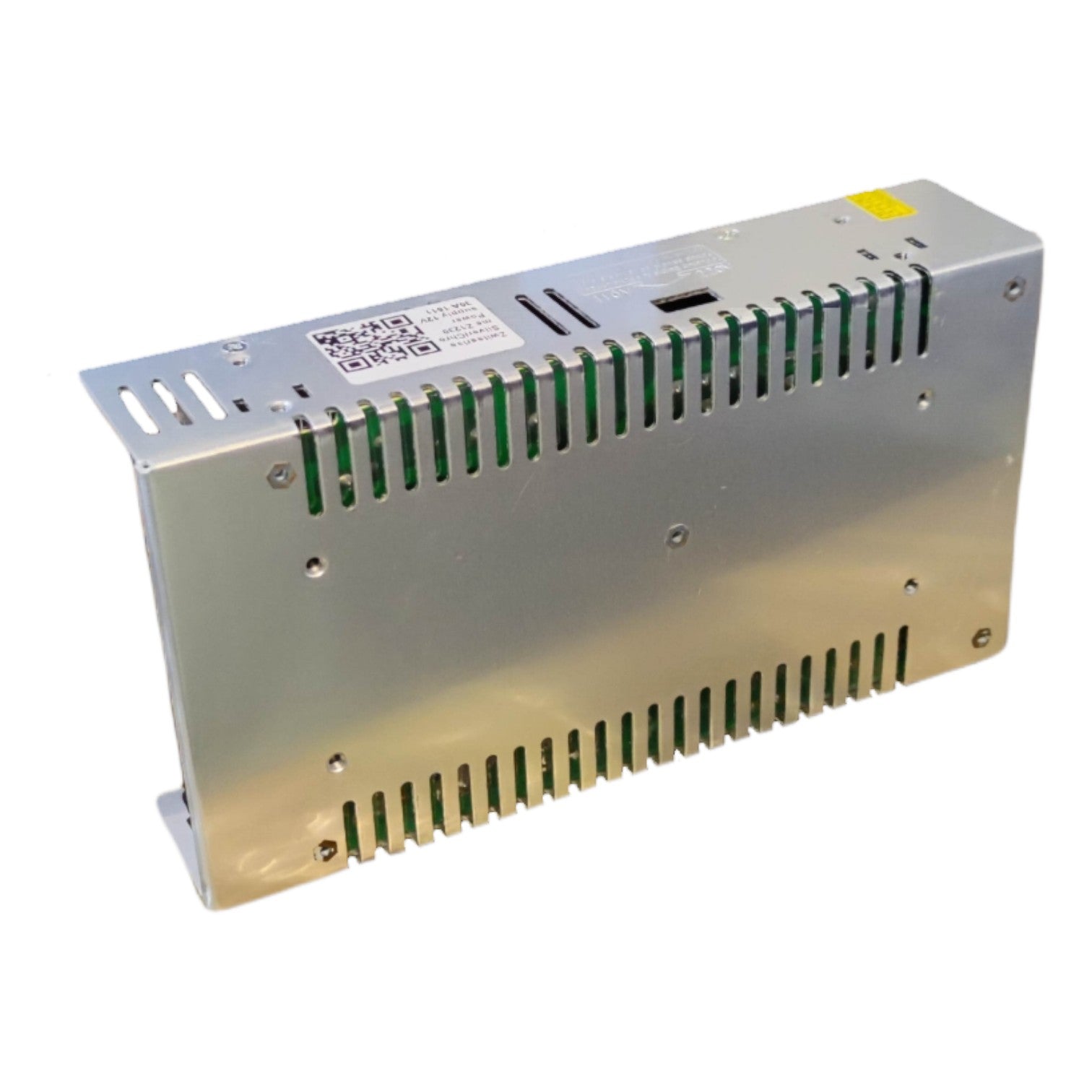 Rectangular metal power supply unit on a white background