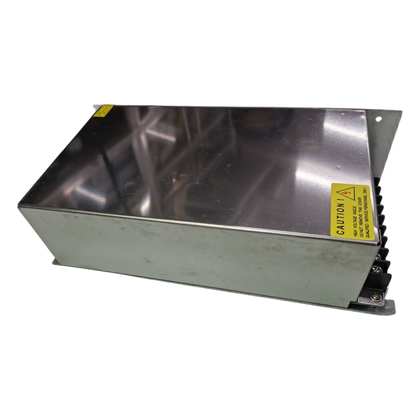 Metallic box with a warning label on a white background