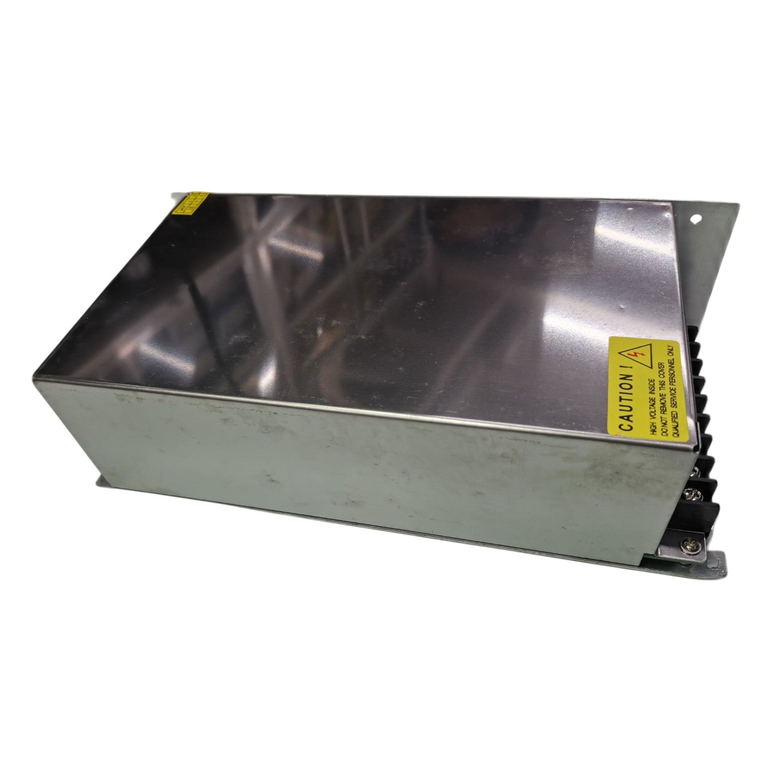 Metallic box with a warning label on a white background