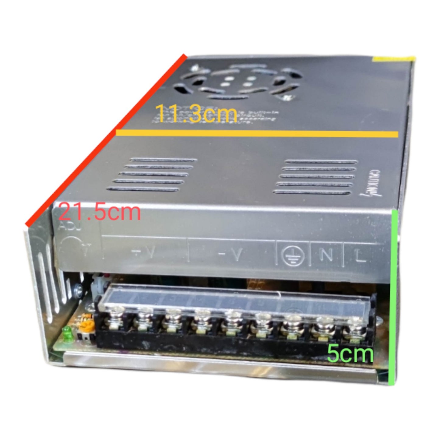 Power supply unit with dimensions labeled on a white background