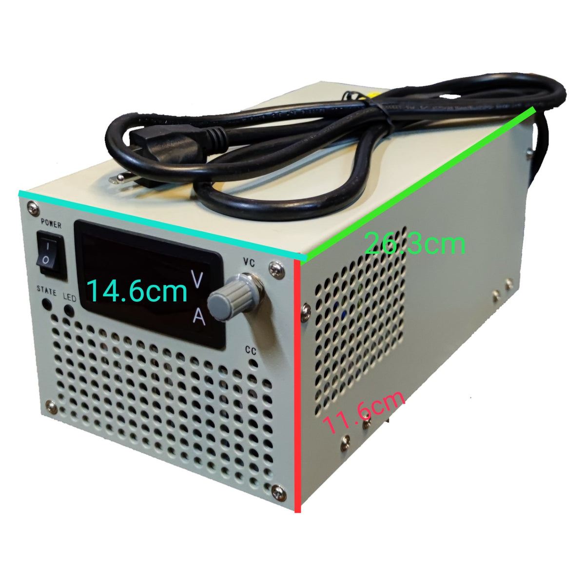 Electrical power supply unit with dimensions labeled on a white background