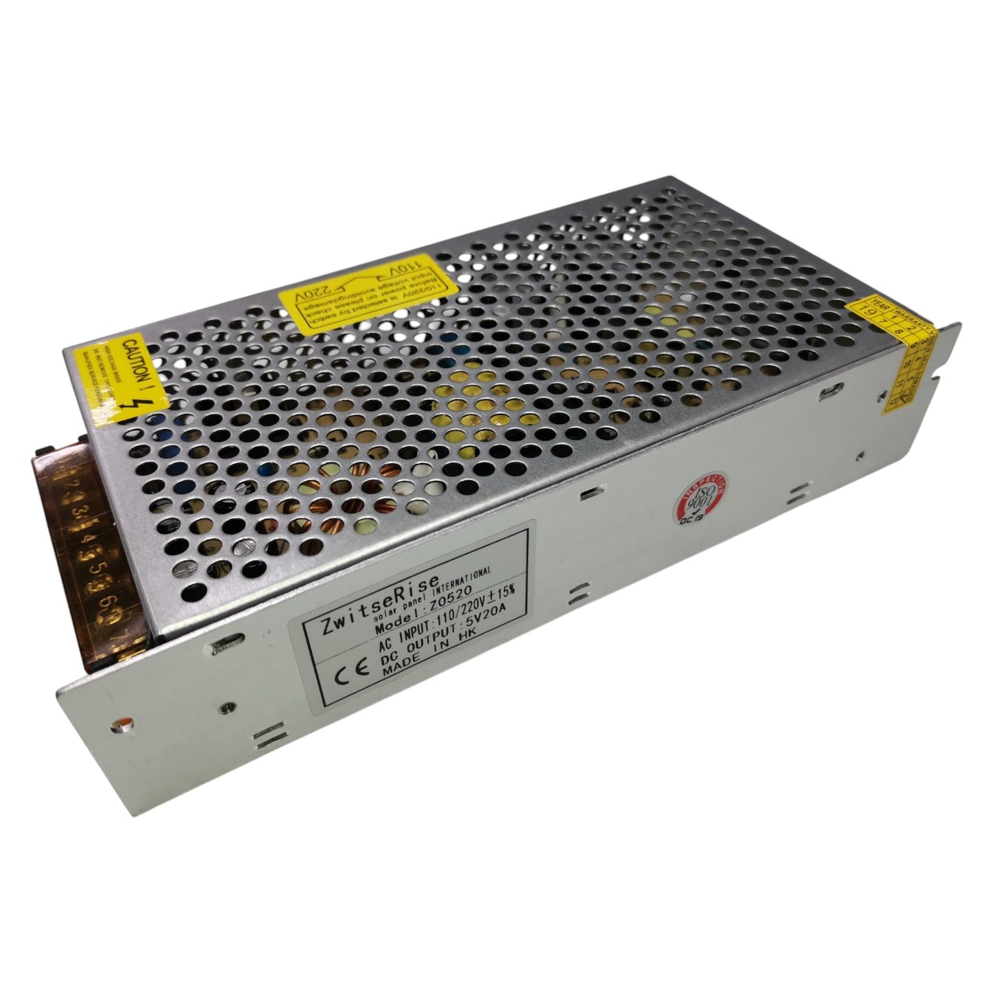 Rectangular metal power supply unit with visible branding and certification labels on a white background