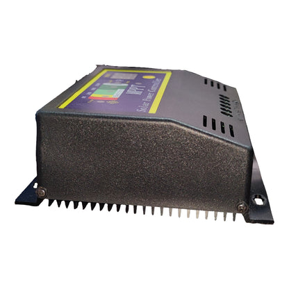 A solar MPPT inverter converter with a textured dark gray metal casing, a purple and yellow control panel on top, and mounting brackets on the sides, shown against a plain white background.