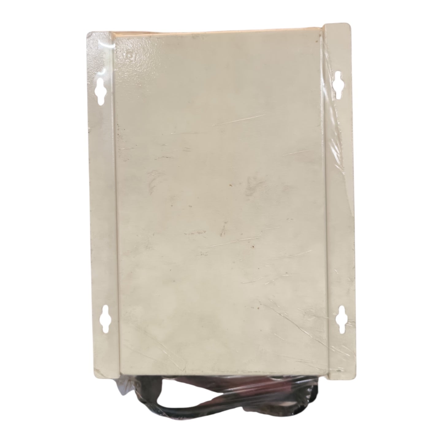 A rectangular beige metal electronic control box or panel with mounting holes on the sides, wrapped in protective plastic film, with black and red wires visible at the bottom, set against a plain white background.