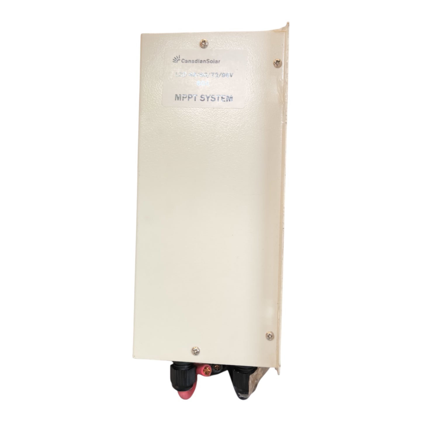 An off-white metal electrical enclosure for an MPPT system, featuring a textured finish, mounting screws, and terminal connectors at the bottom, shown against a plain white background.
