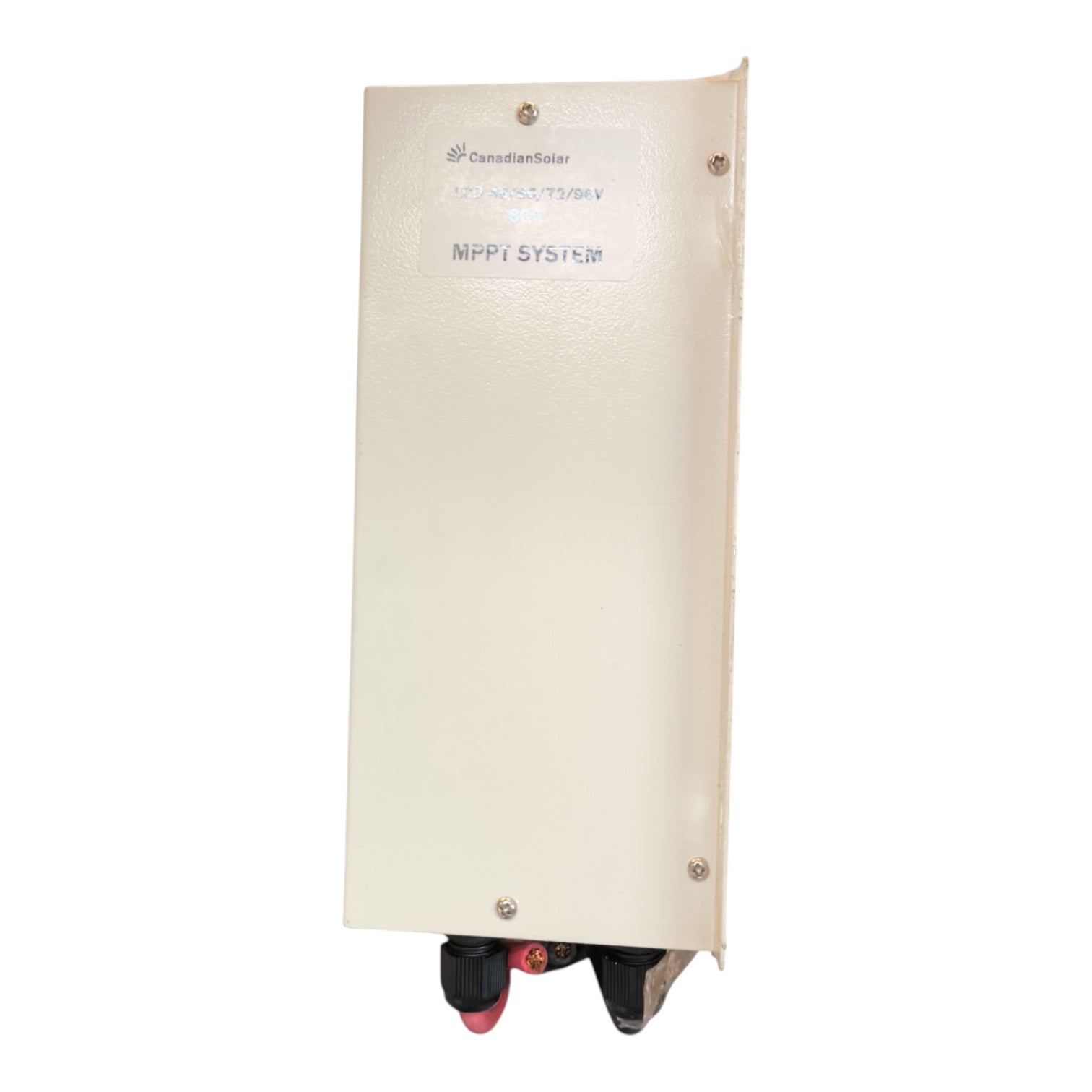 An off-white metal electrical enclosure for an MPPT system, featuring a textured finish, mounting screws, and terminal connectors at the bottom, shown against a plain white background.