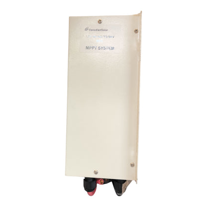An off-white metal electrical enclosure for an MPPT system, featuring a textured finish, mounting screws, and terminal connectors at the bottom, shown against a plain white background.