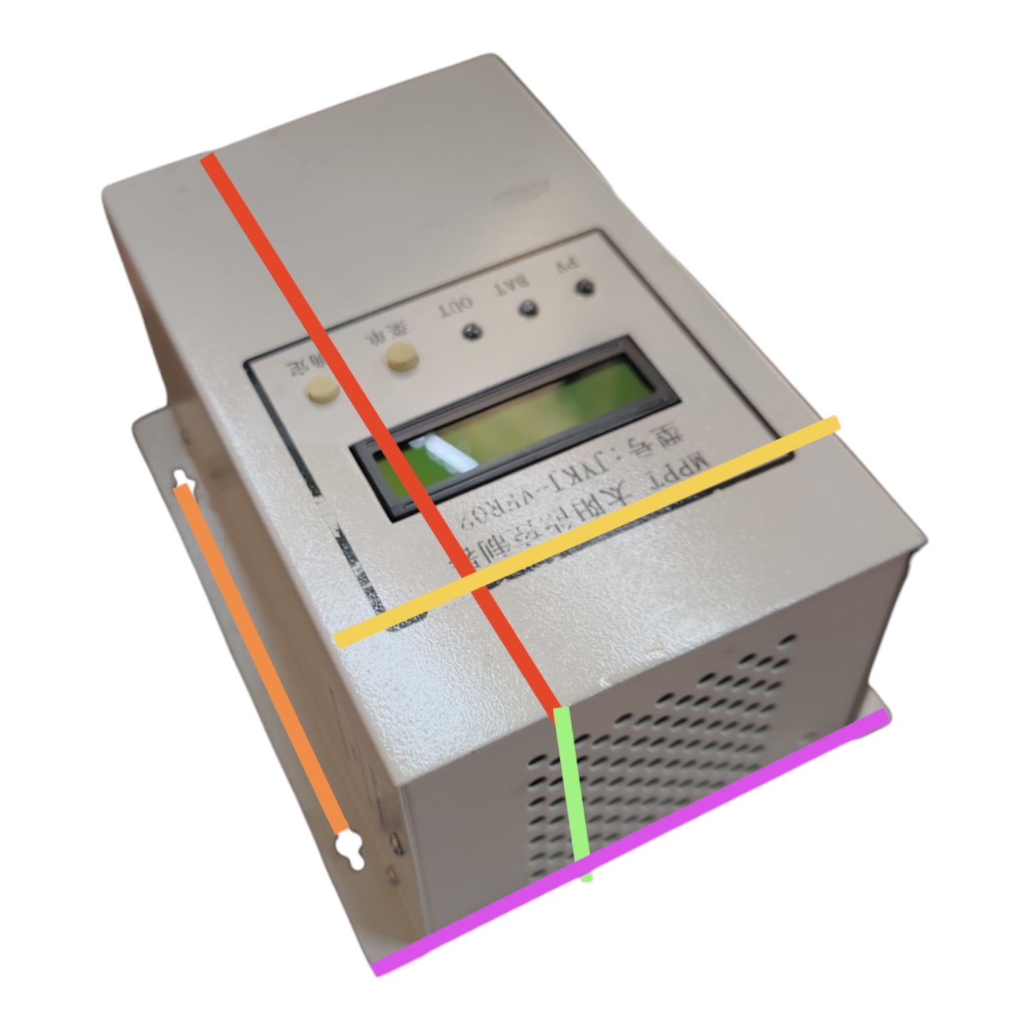 A gray electronic device with a digital display screen and control buttons, shown on a white background with colored measurement lines overlaid on it.