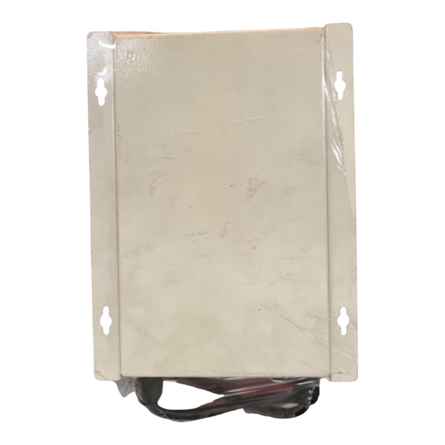 A rectangular beige metal electronic control box or panel with mounting holes on the sides, wrapped in protective plastic film, with black and red wires visible at the bottom, set against a plain white background.