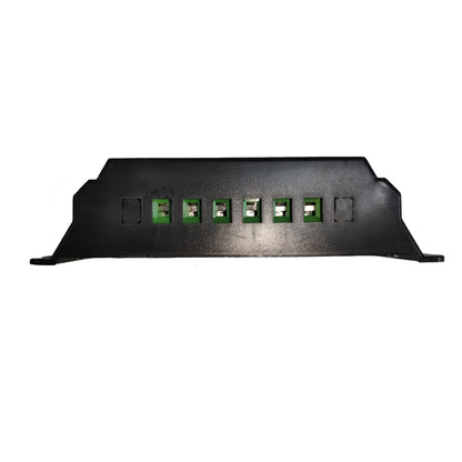 A black plastic electronic module or panel with six green terminal blocks on a white background.