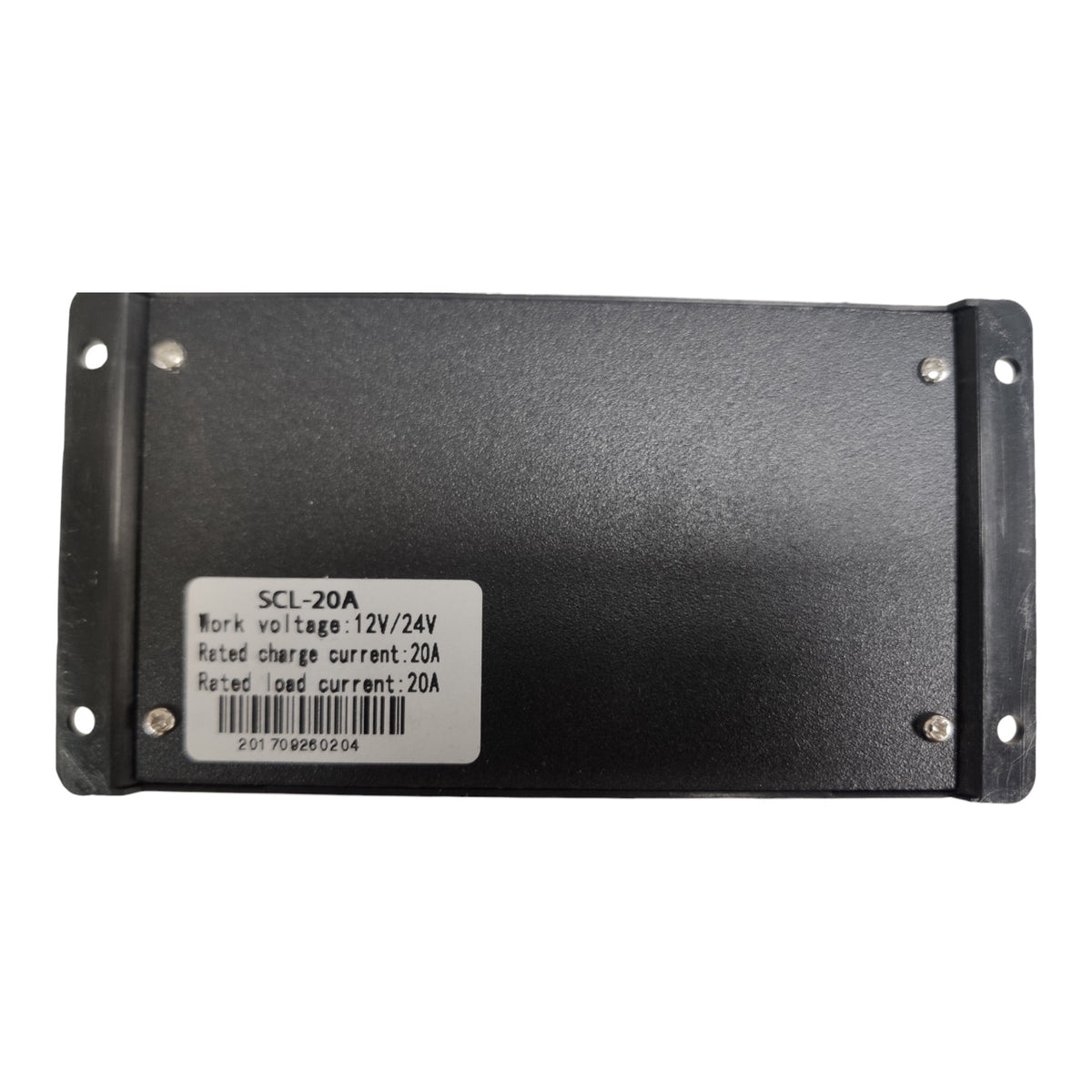 A black metal electronic module with mounting holes on the sides and a white label showing specifications including 'SCL-20A' and 'Rated load current: 20A', photographed on a white background.