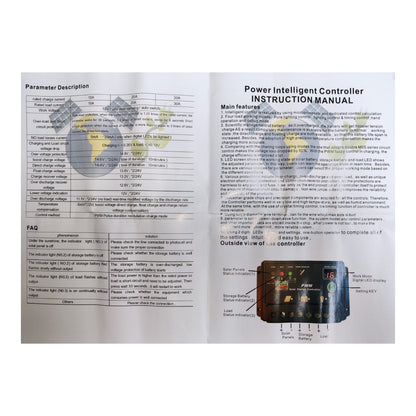 An open instruction manual spread showing the 'Power Intelligent Controller Instruction Manual' with parameter descriptions, FAQs, and a labeled controller diagram on a white background.