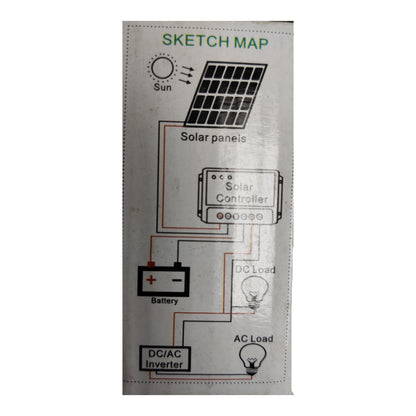 A technical sketch map diagram of a solar power system, showing a solar panel, battery, DC/AC inverter, and loads with connecting lines on a light gray background.
