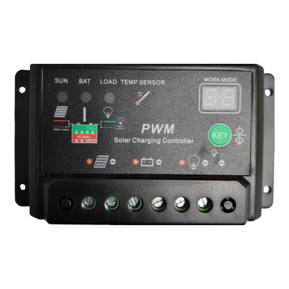 A black PWM Solar Charging Controller unit with a digital display screen, green key button, and terminal connectors on a white background.