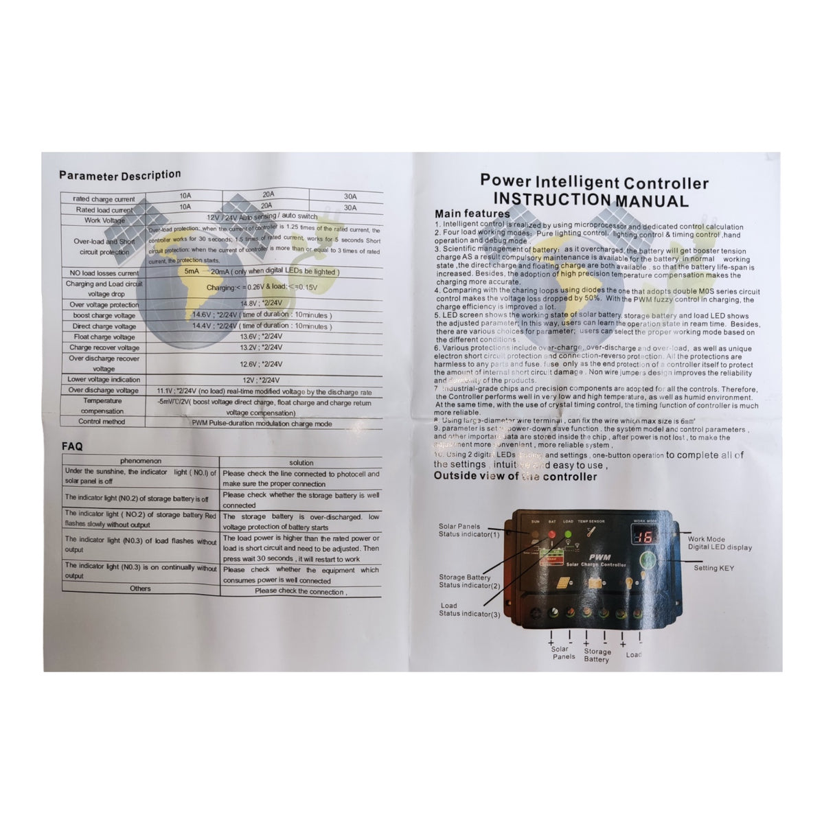 An open instruction manual spread showing printed text sections including 'Parameter Description' and 'Power Intelligent Controller Instruction Manual,' plus a small labeled photo of a cylindrical electronic controller.