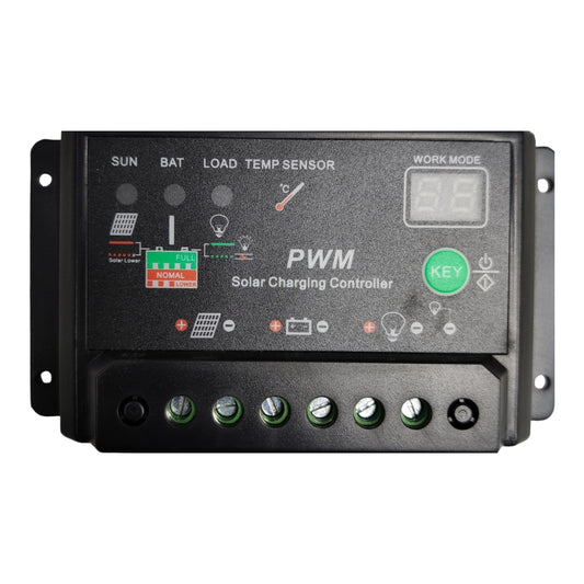 A black PWM solar charging controller panel with a digital display screen, green key button, and multiple terminal connectors on a white background.