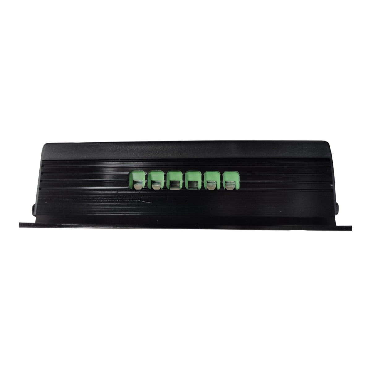 A black rectangular electronic component with a ribbed metal surface and a row of six small green terminal blocks on the front, shown against a plain white background.