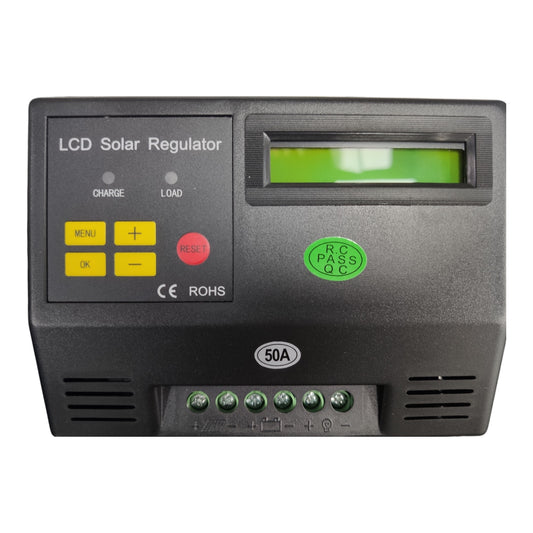 A black LCD Solar Regulator unit with a green display screen, yellow buttons, and various terminal ports on the front, isolated on a white background.