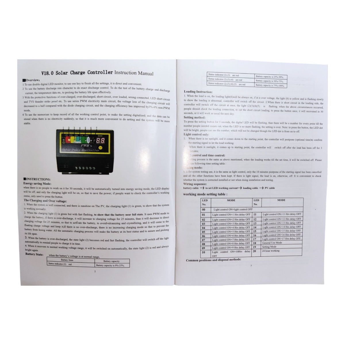 An open printed instruction manual spread showing the VKR 8 Solar Charge Controller user guide with text, a small product photo, and a table on white pages.