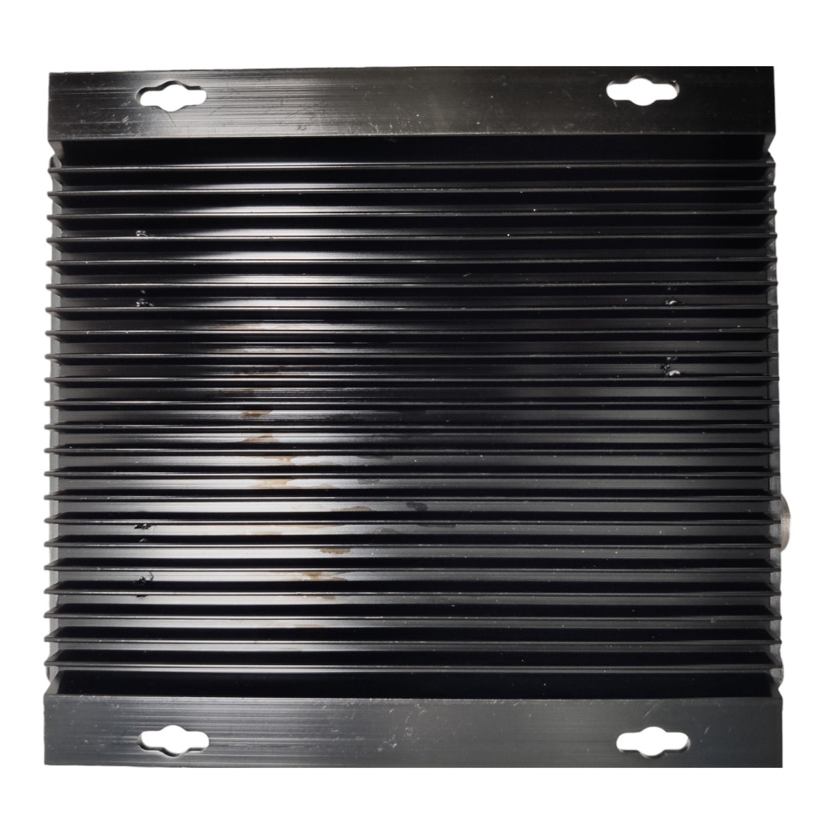 A black metal heat sink with horizontal cooling fins and mounting holes on the top and bottom, shown against a plain white background.