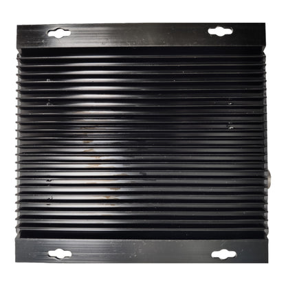 A black metal heat sink with horizontal cooling fins and mounting holes on the top and bottom, shown against a plain white background.