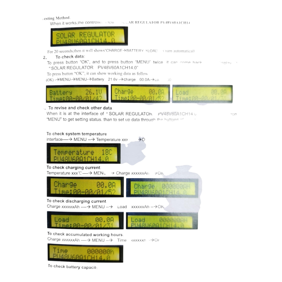 A printed instruction sheet showing how to check battery and charging status on a solar regulator device, with multiple small screenshots of yellow LCD displays and labeled steps on a white background.
