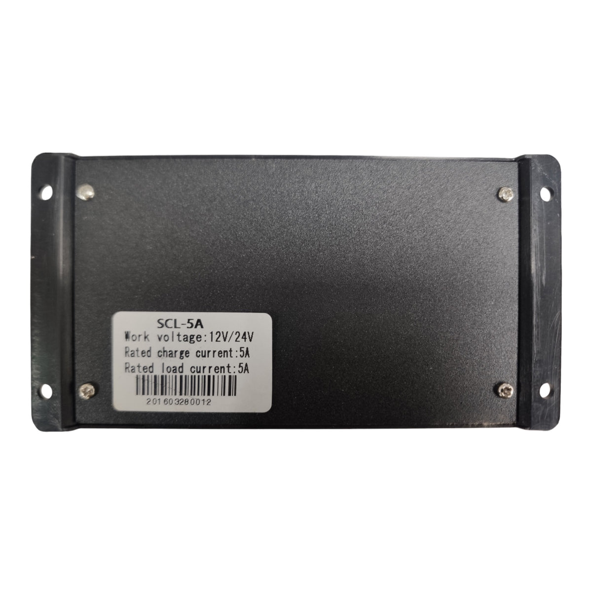 A black metal electronic module with mounting brackets on the left and right sides, featuring a white label with specifications including 'SCL-5A' and 'Work voltage: 12V/24V'.