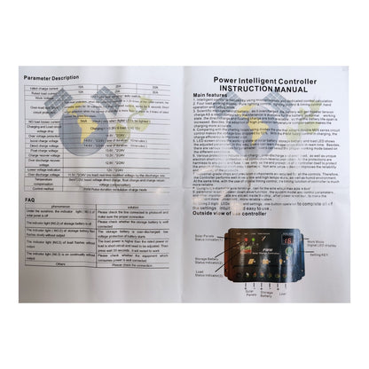 An open instruction manual spread showing printed text sections including 'Parameter Description' and 'Power Intelligent Controller Instruction Manual,' plus a small labeled photo of a cylindrical electronic controller.