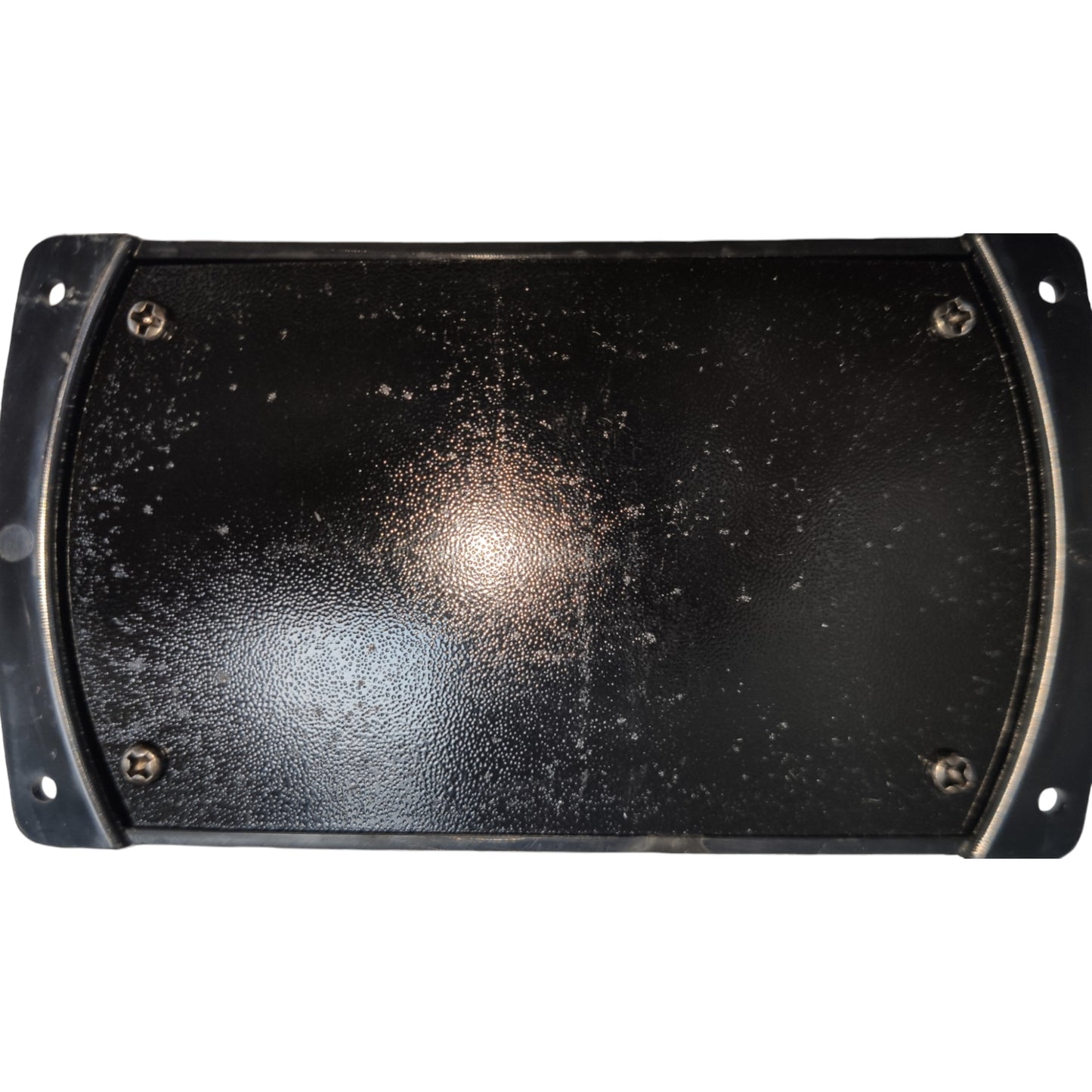 A black metal rectangular panel with rounded corners, four mounting holes, and a textured surface, shown against a plain white background.