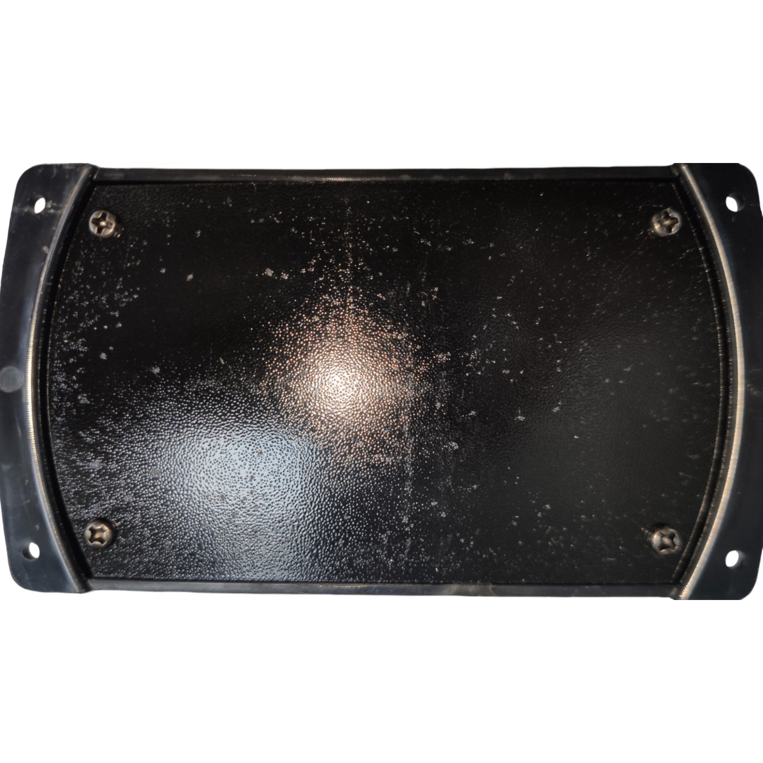 A black metal rectangular panel with rounded corners, four mounting holes, and a textured surface, shown against a plain white background.