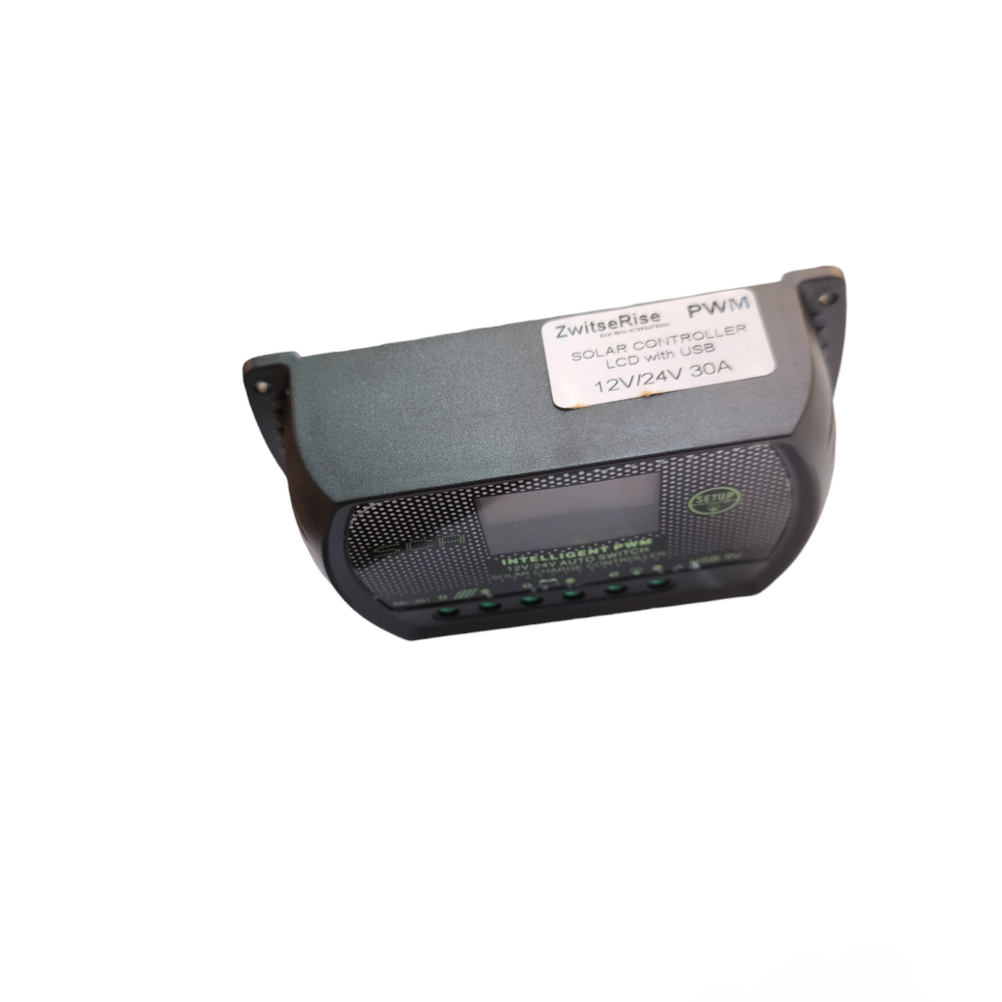 A solar controller device with a dark gray top casing, a black front grille, and a white label sticker on top, photographed on a plain white background.
