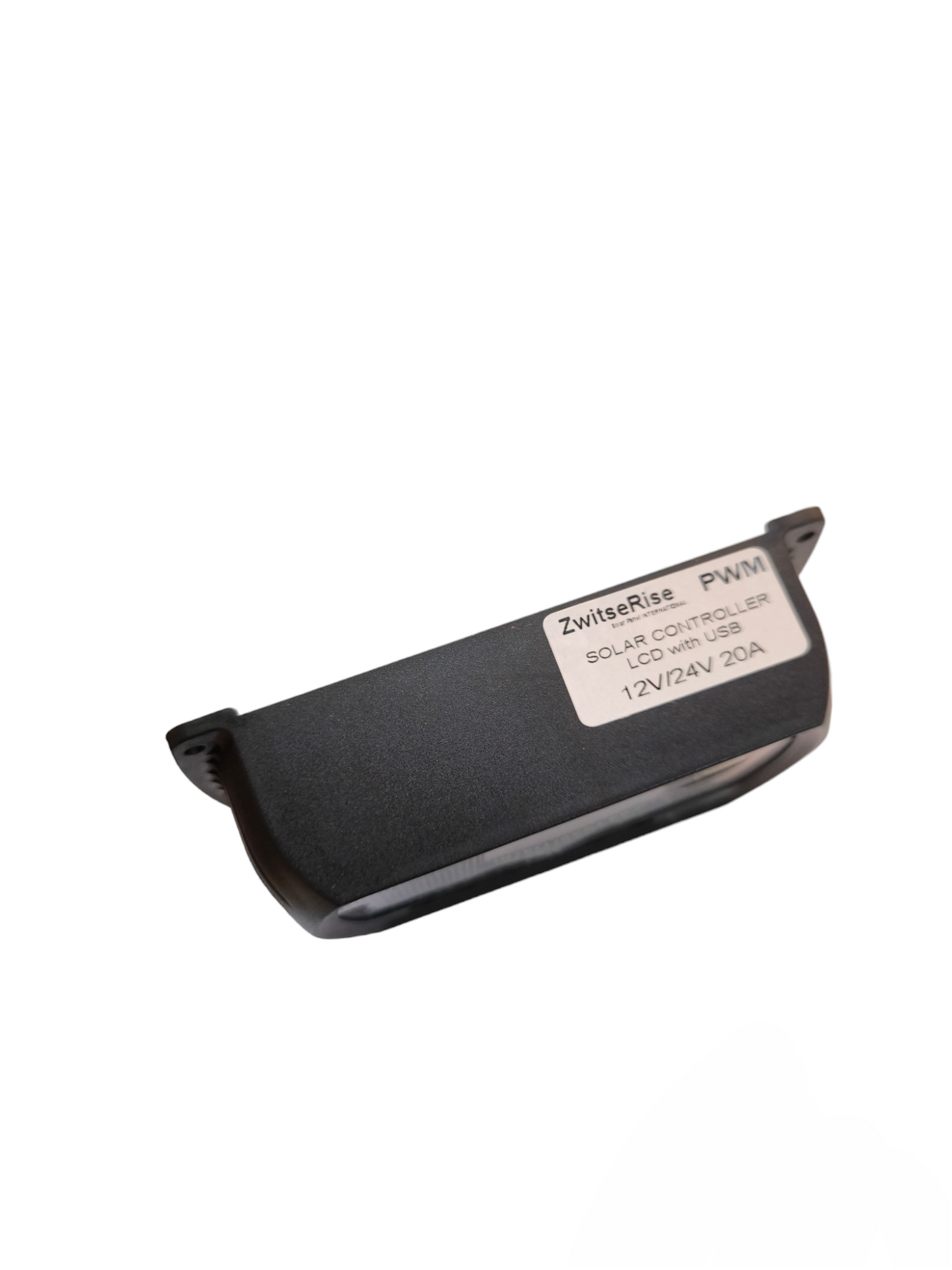 A black solar controller LCD module with a white label reading 'ZwillerRise PWM SOLAR CONTROLLER LCD 12V/24V USB 12V/24V 20A' on a plain white background.