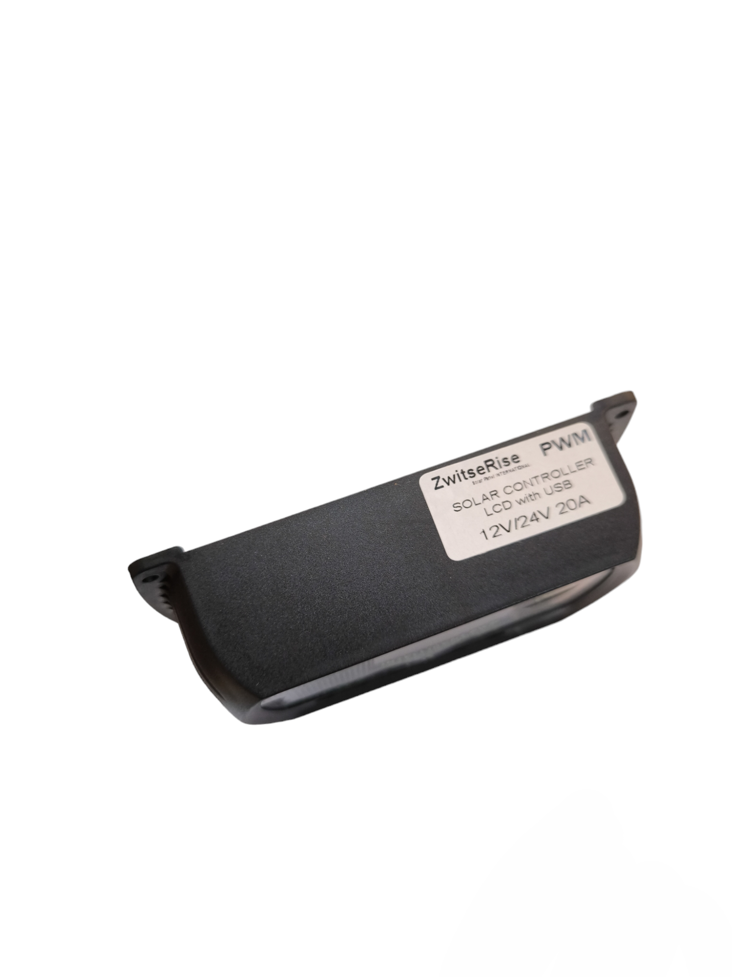 A black solar controller LCD module with a white label reading 'ZwillerRise PWM SOLAR CONTROLLER LCD 12V/24V USB 12V/24V 20A' on a plain white background.