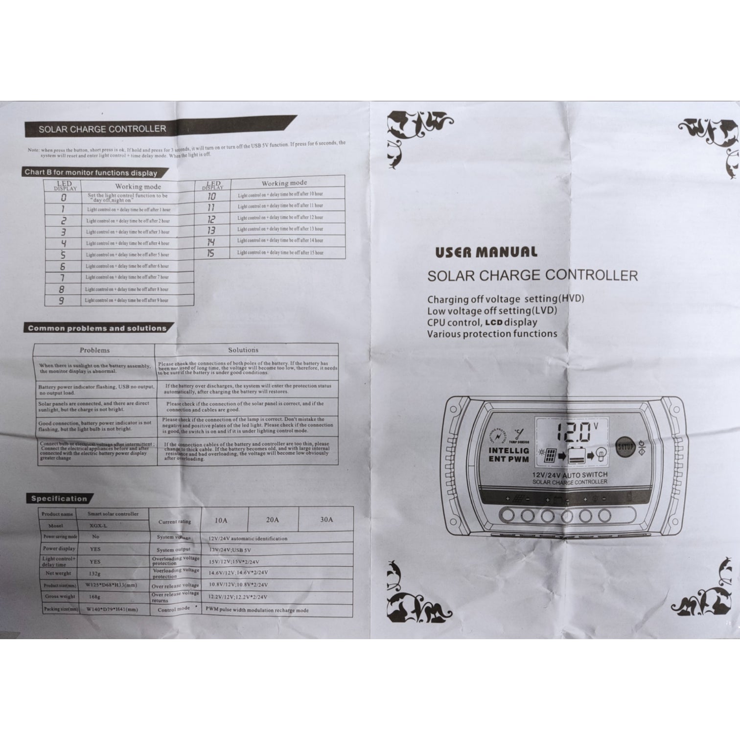 An unfolded white user manual page for a solar charge controller, showing printed tables, specifications, and a small grayscale product illustration on the right.