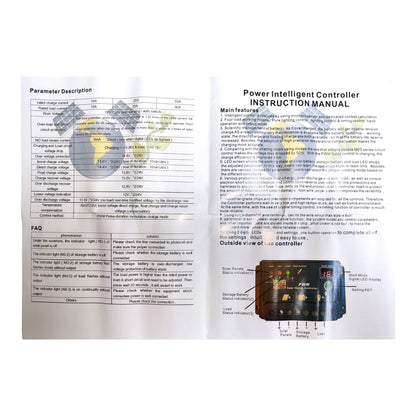 An open printed instruction manual spread showing parameter description, FAQ, and power intelligent controller instructions, with a small controller photo near the bottom right.