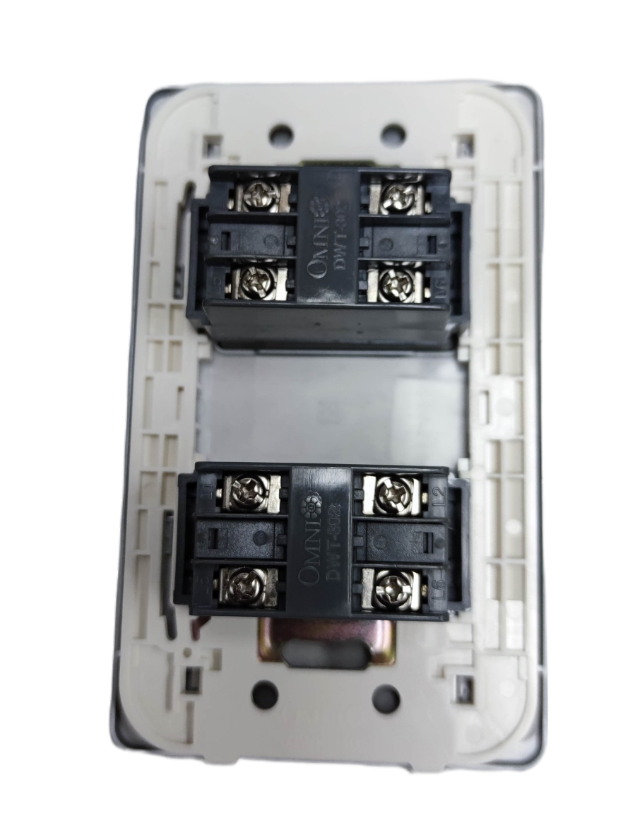 Omni designer 2 gang telephone outlet back view showing screw terminals and mounting plate