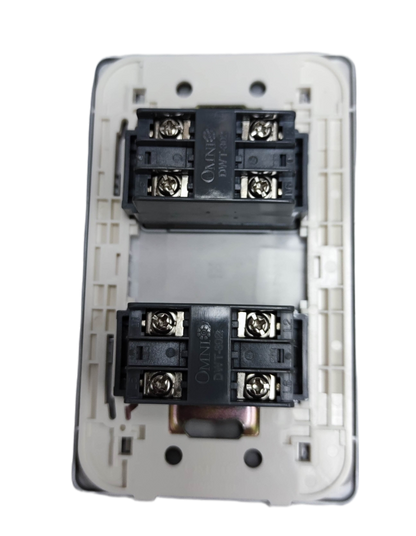Omni designer 2 gang telephone outlet back view showing screw terminals and mounting plate