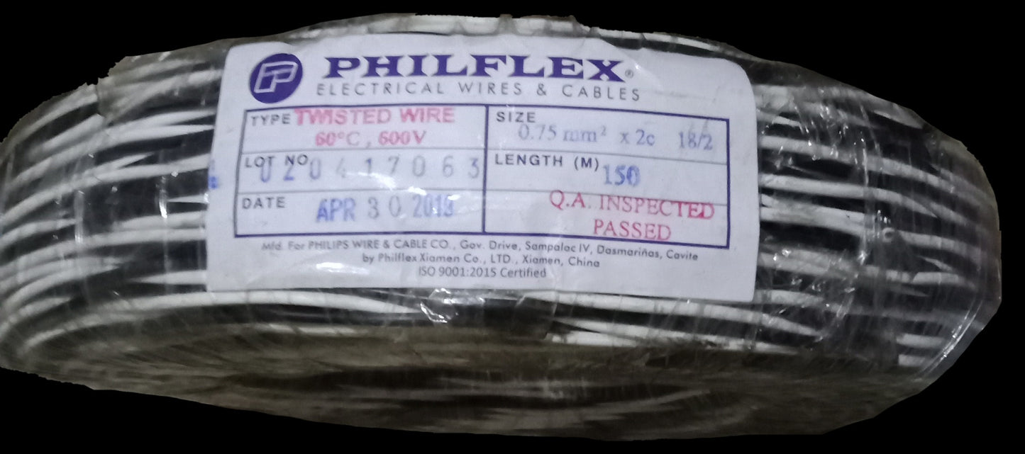 Philflex TF Wire AWG 18/2 (0.75mm/2) Stranded (Hook Up Wire/ Thermoplastic Fixture Wire) Black/ White Twisted Wire