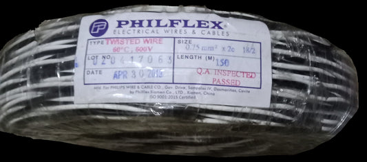 Philflex TF Wire AWG 18/2 (0.75mm/2) Stranded (Hook Up Wire/ Thermoplastic Fixture Wire) Black/ White Twisted Wire