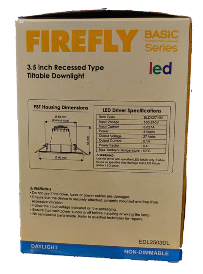 Firefly 3.5 Inches LED Downlight 220V Firefly 3.5" LED Downlight Adjustable 220V, 3.5 Inches Tiltable Downlight Available in Warm White or Daylight 3W Tiltable Downlight 5W Titable Downlight, Swivel Type