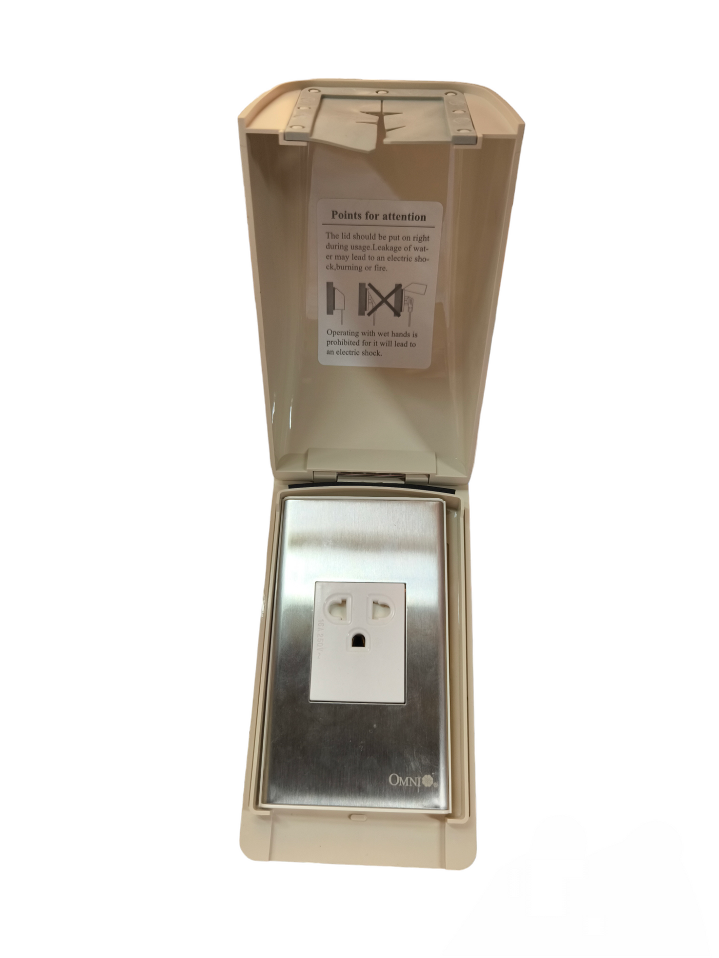 Omni Weatherproof Universal Outlet with Ground 16A 250V and Stainless Plate Cover WPP-601+WWP-111S+WWG-203