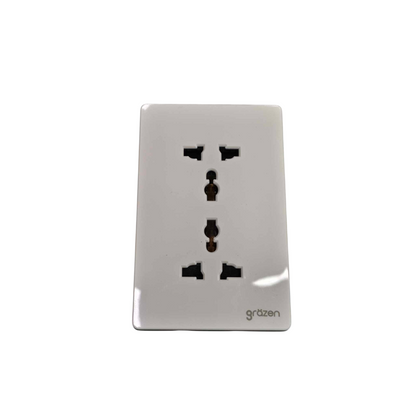 A white ceramic or porcelain wall outlet cover plate with three UK-style three-pin sockets and the brand name 'gräzen' printed in black at the bottom right, shown on a plain white background.