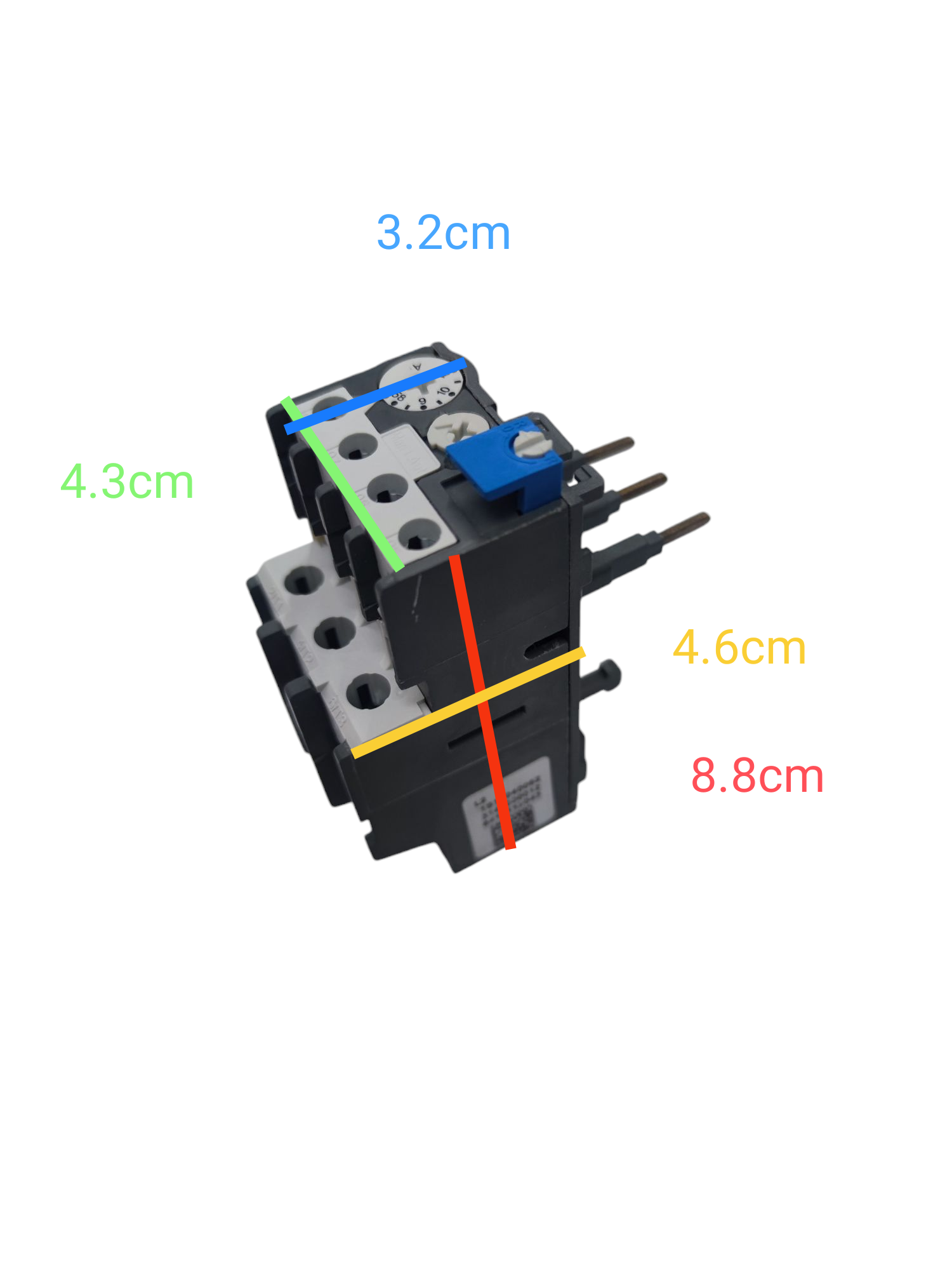 ABB Thermal Overload Relay 7.5-11A black modular relay with blue adjustment knob and screw terminals with measurement labels