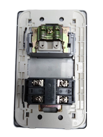 Omni graphite finish electrical outlet plate back view showing mounting bracket terminals and wiring ports