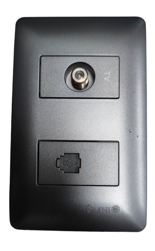 Omni graphite finish electrical outlet plate with coax F connector and Ethernet keystone port