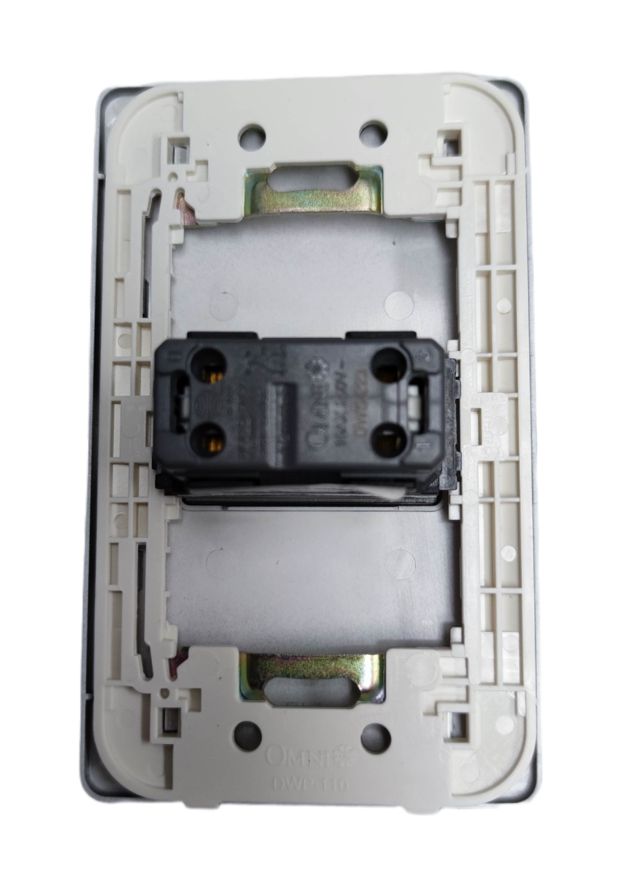 Omni 3 way switch graphite rear view showing white mounting frame metal straps and black switch module