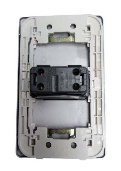 Omni 3 way switch graphite rear view showing white mounting frame metal straps and black switch module
