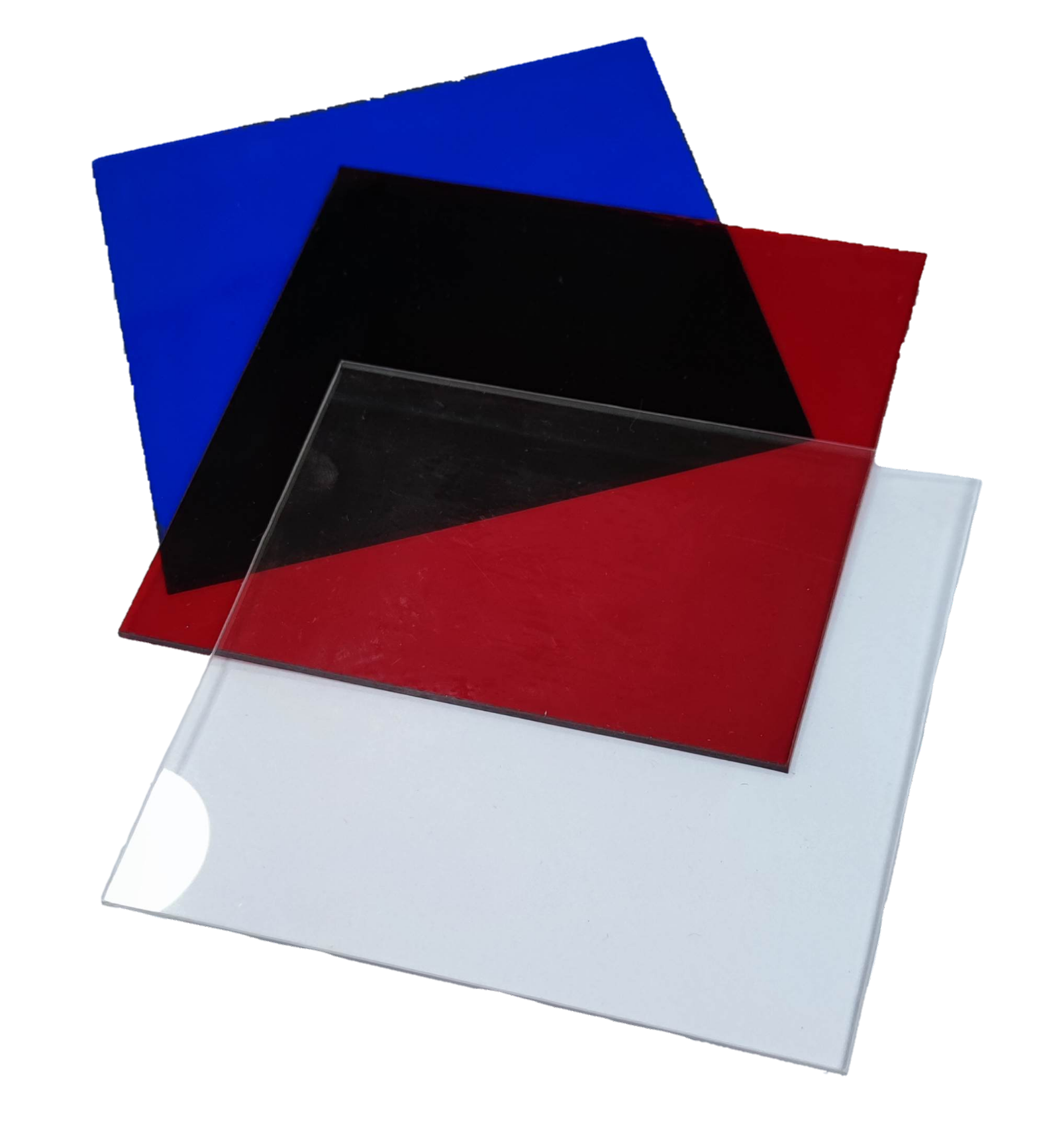 Set of acrylic blue optical filter and colored sheets in red, black, and transparent options for decorative use